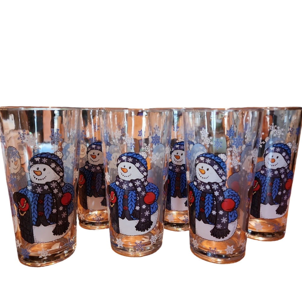 Vintage Snowman Snowflake KIG Indonesia Glassware 12oz Set of 5